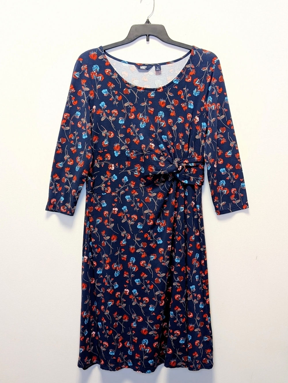 Lands’ End Floral Jersey Knit Dress Tie Waist Stretch Navy Red Blue L